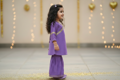 Lilac Lace Work Chanderi Sharara Suit- Set of 3