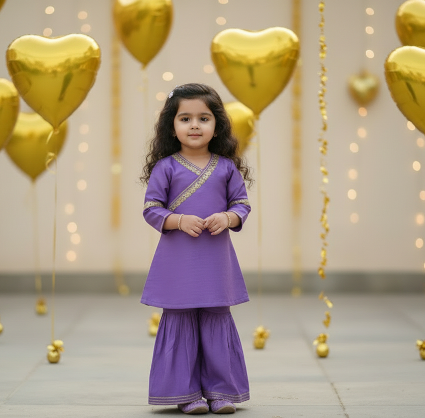 Lilac Lace Work Chanderi Sharara Suit- Set of 3