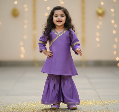 Lilac Lace Work Chanderi Sharara Suit- Set of 3