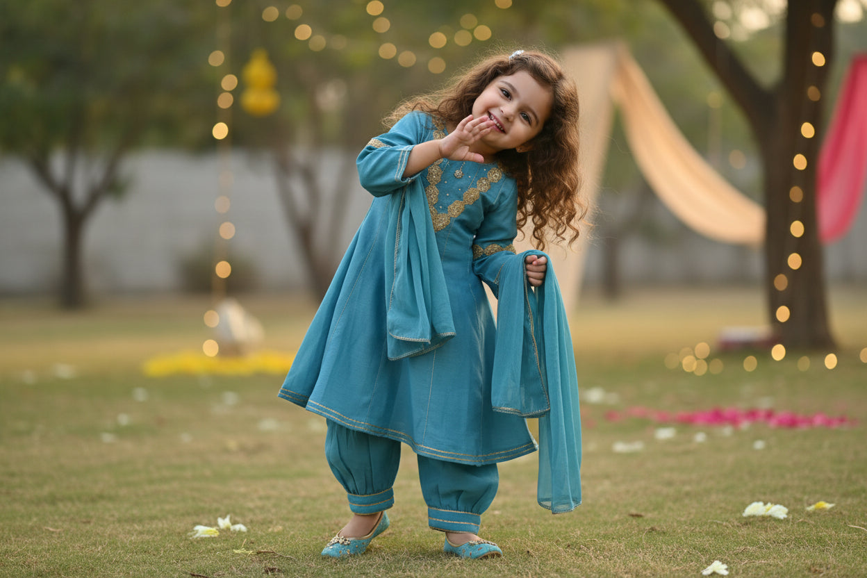 Sky Blue Lace Work Chanderi Suit- Set of 3