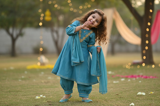 Sky Blue Lace Work Chanderi Suit- Set of 3