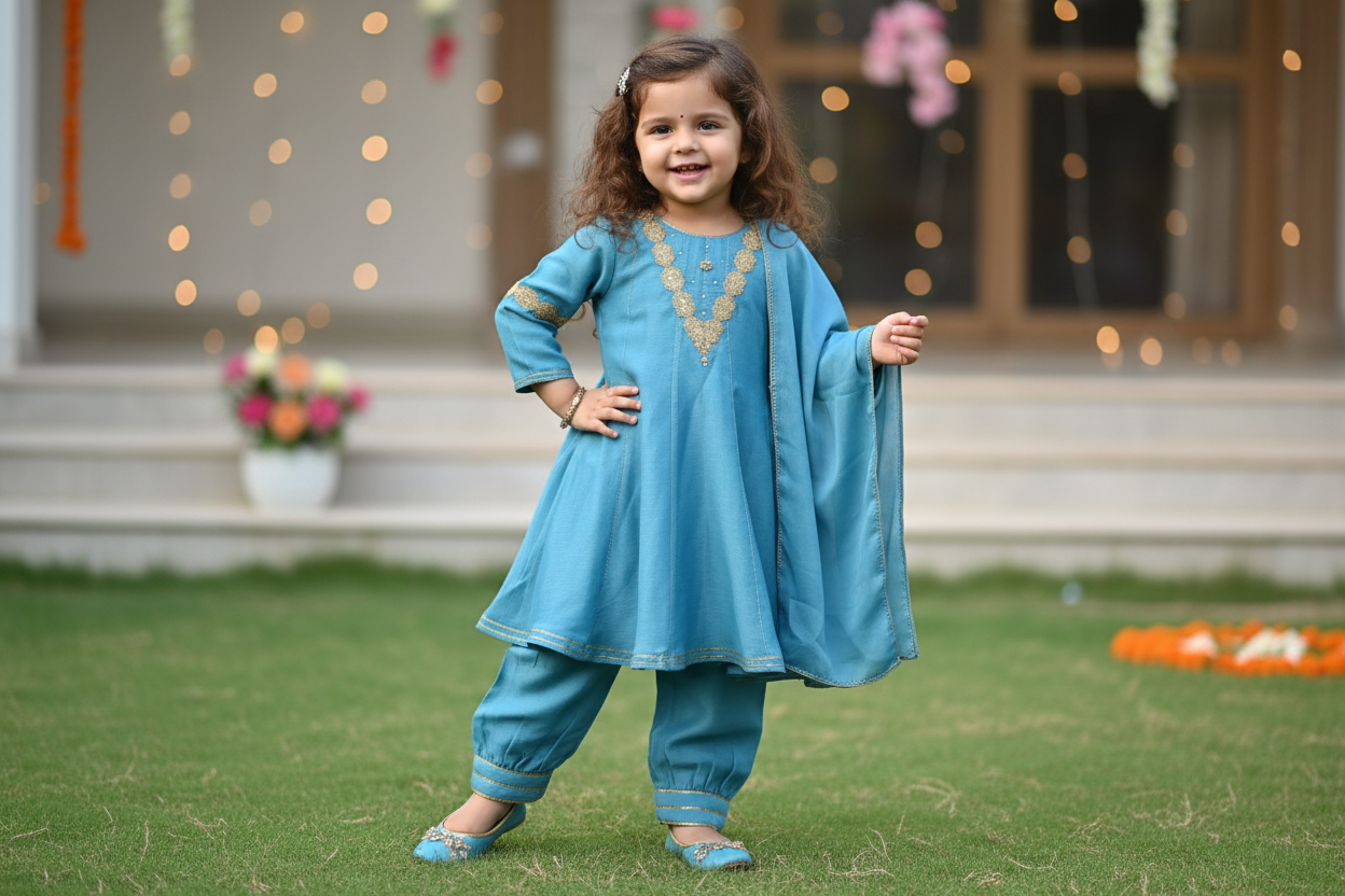 Sky Blue Lace Work Chanderi Suit- Set of 3