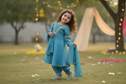 Sky Blue Lace Work Chanderi Suit- Set of 3