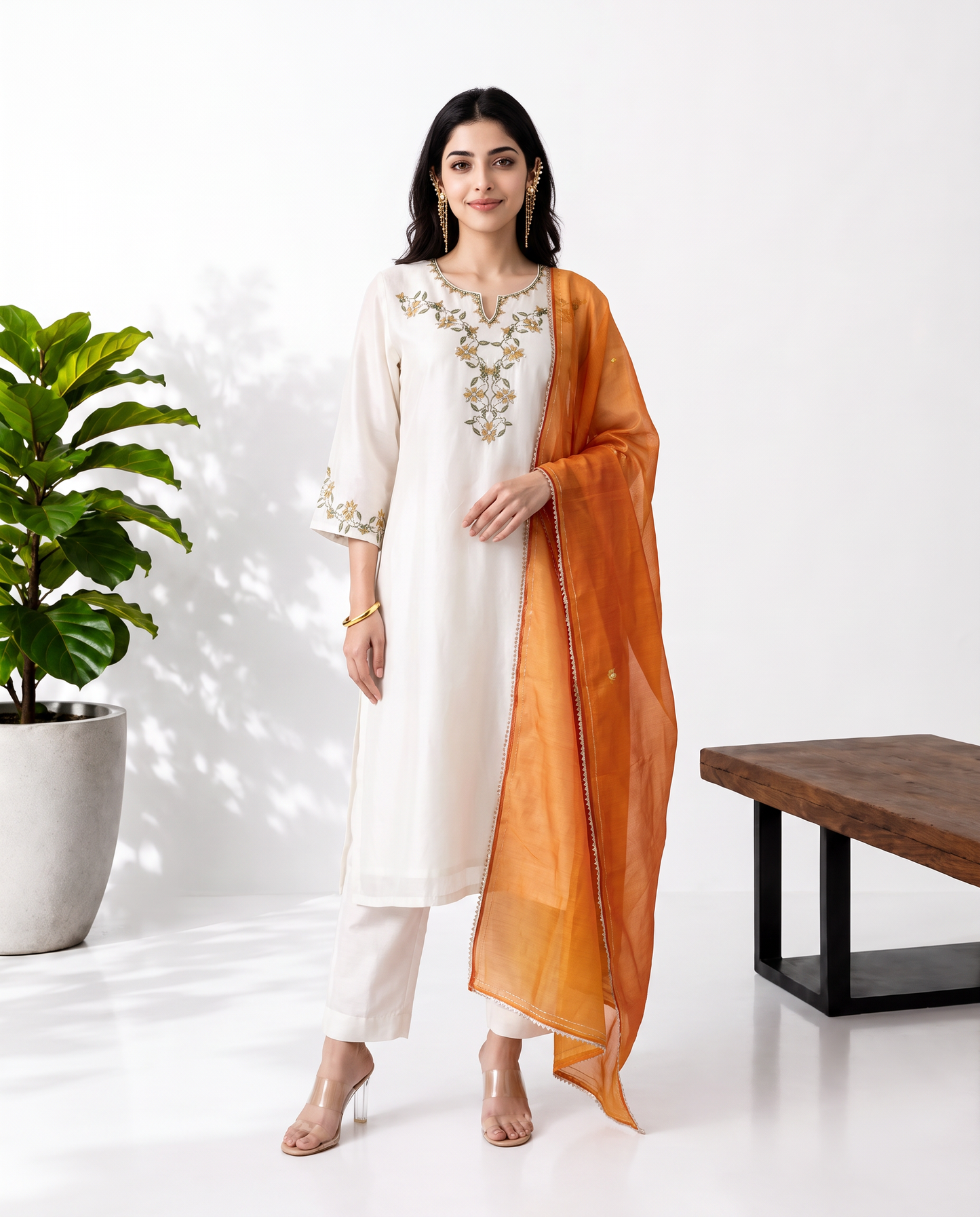 White Orange Mul Chanderi Suitset