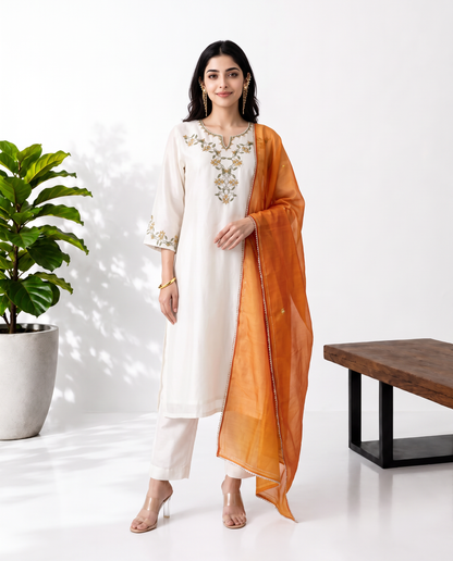 White Orange Mul Chanderi Suitset