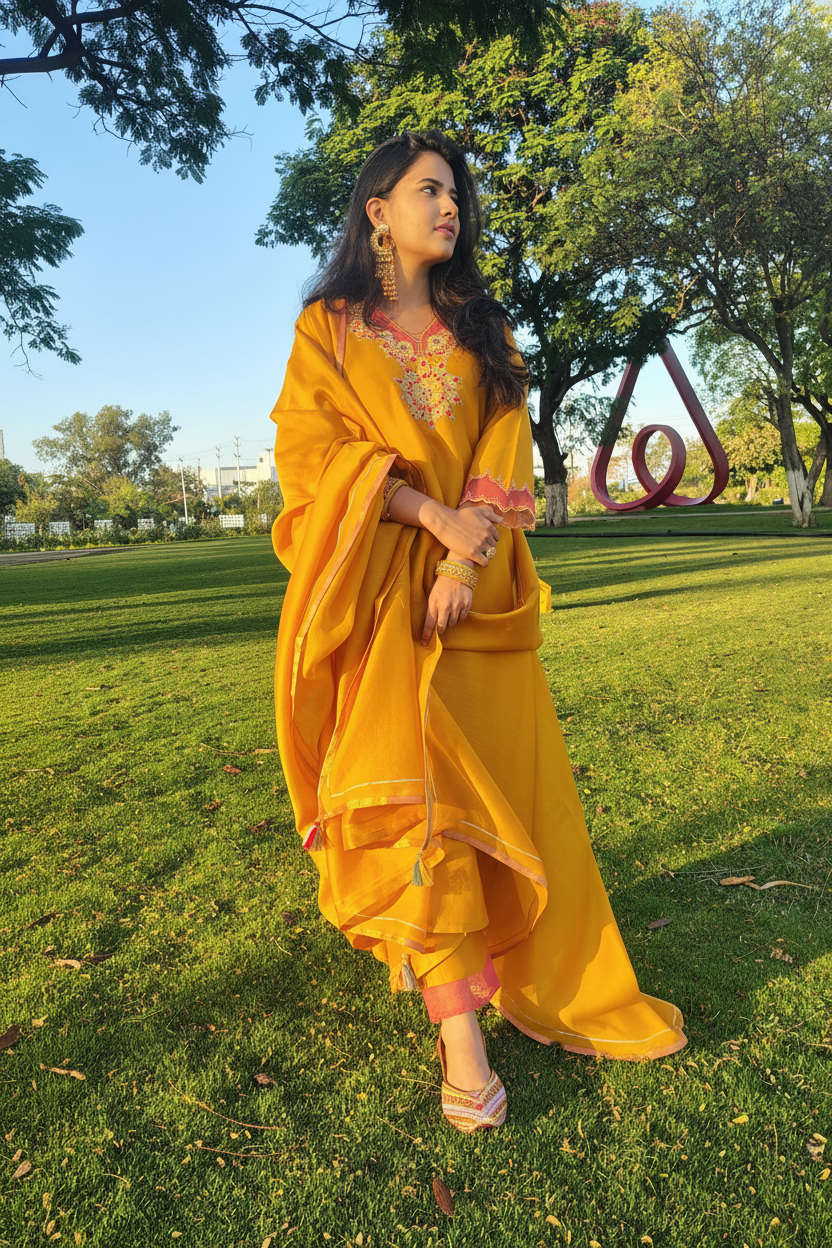 Mustard Chanderi Silk Embroidered Suit Set