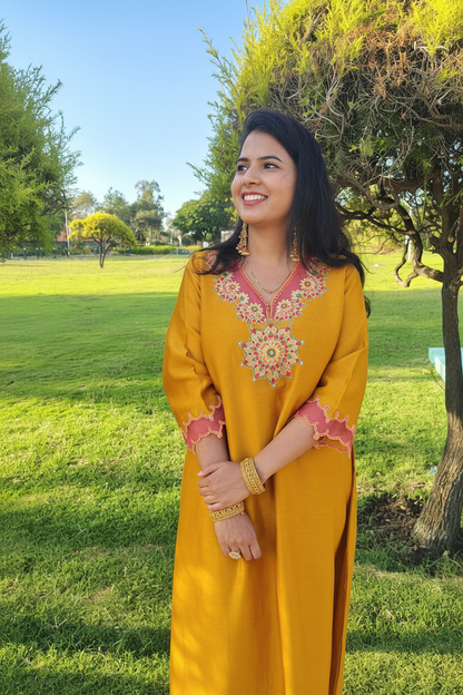 Mustard Chanderi Silk Embroidered Suit Set