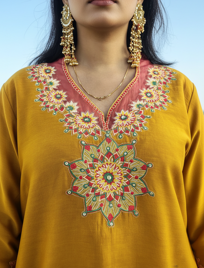 Mustard Chanderi Silk Embroidered Suit Set