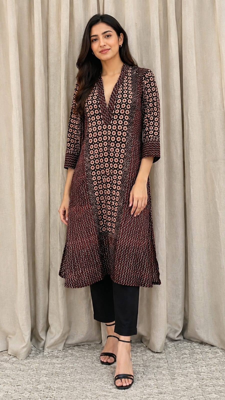 Brown Ajrakh Hand Block Printed Cotton Suit Set