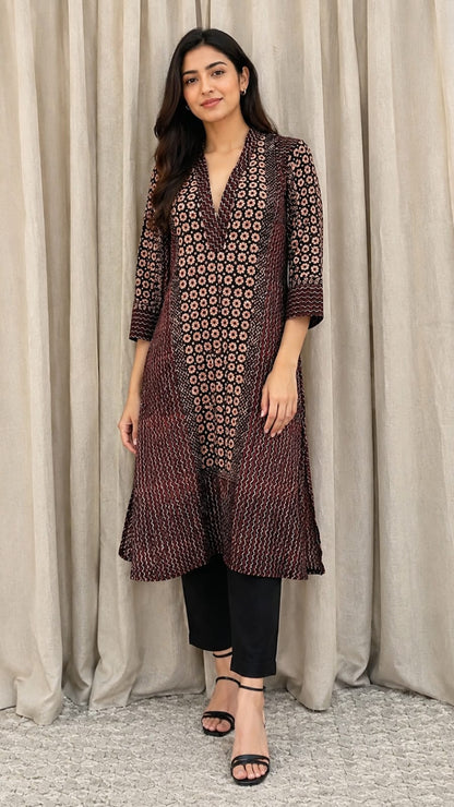 Brown Ajrakh Hand Block Printed Cotton Suit Set
