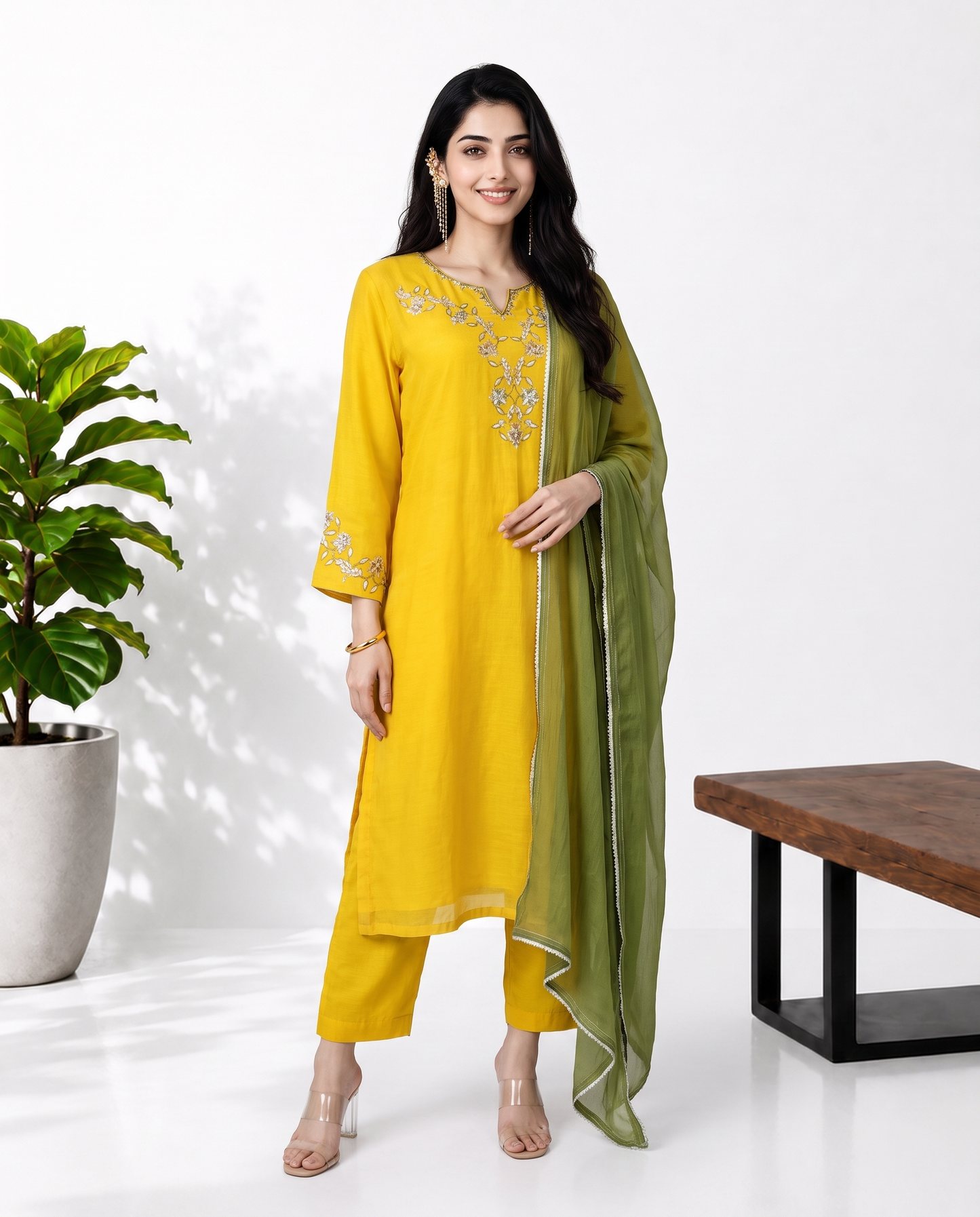 Yellow Green Mul Chanderi Suitset