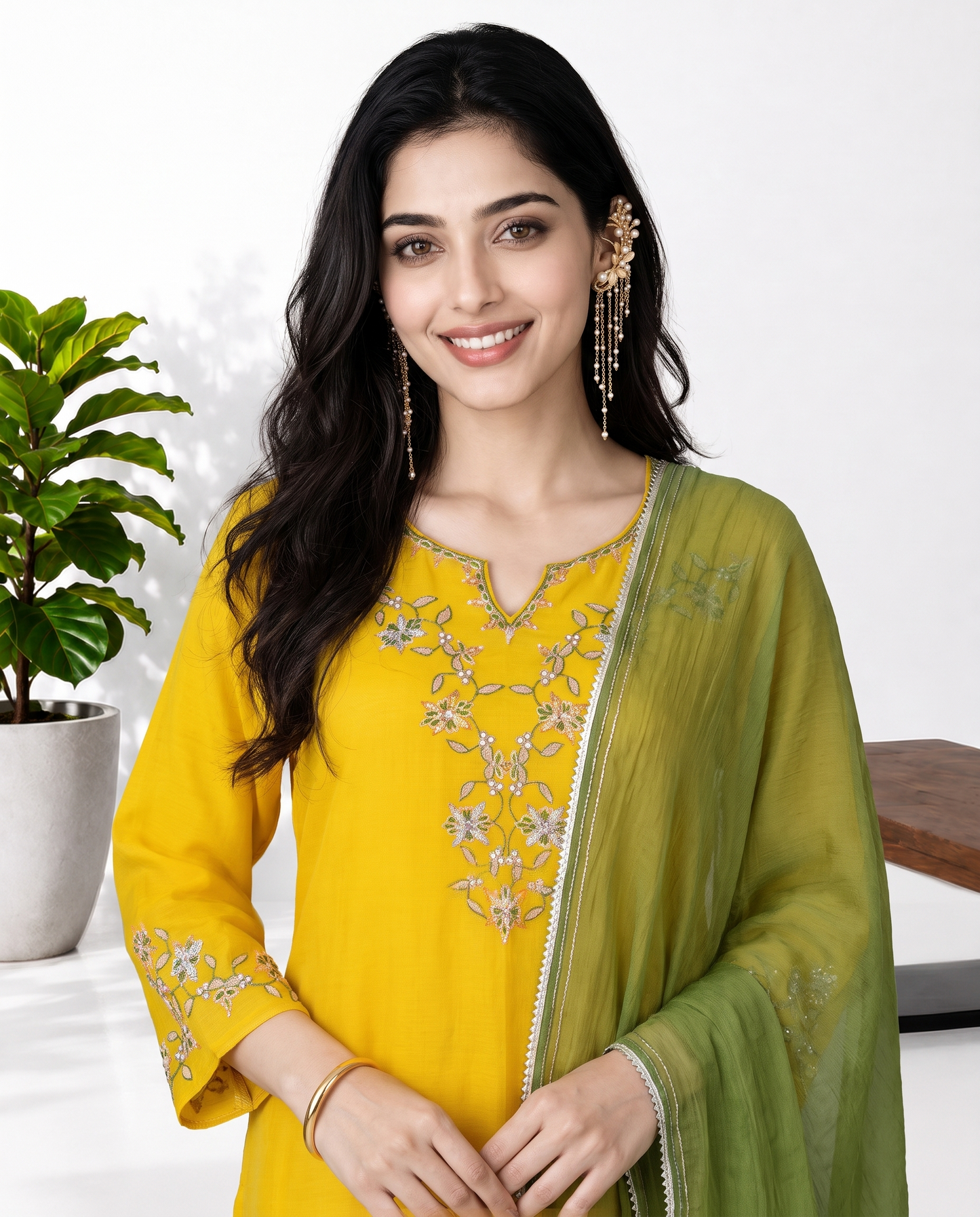 Yellow Green Mul Chanderi Suitset