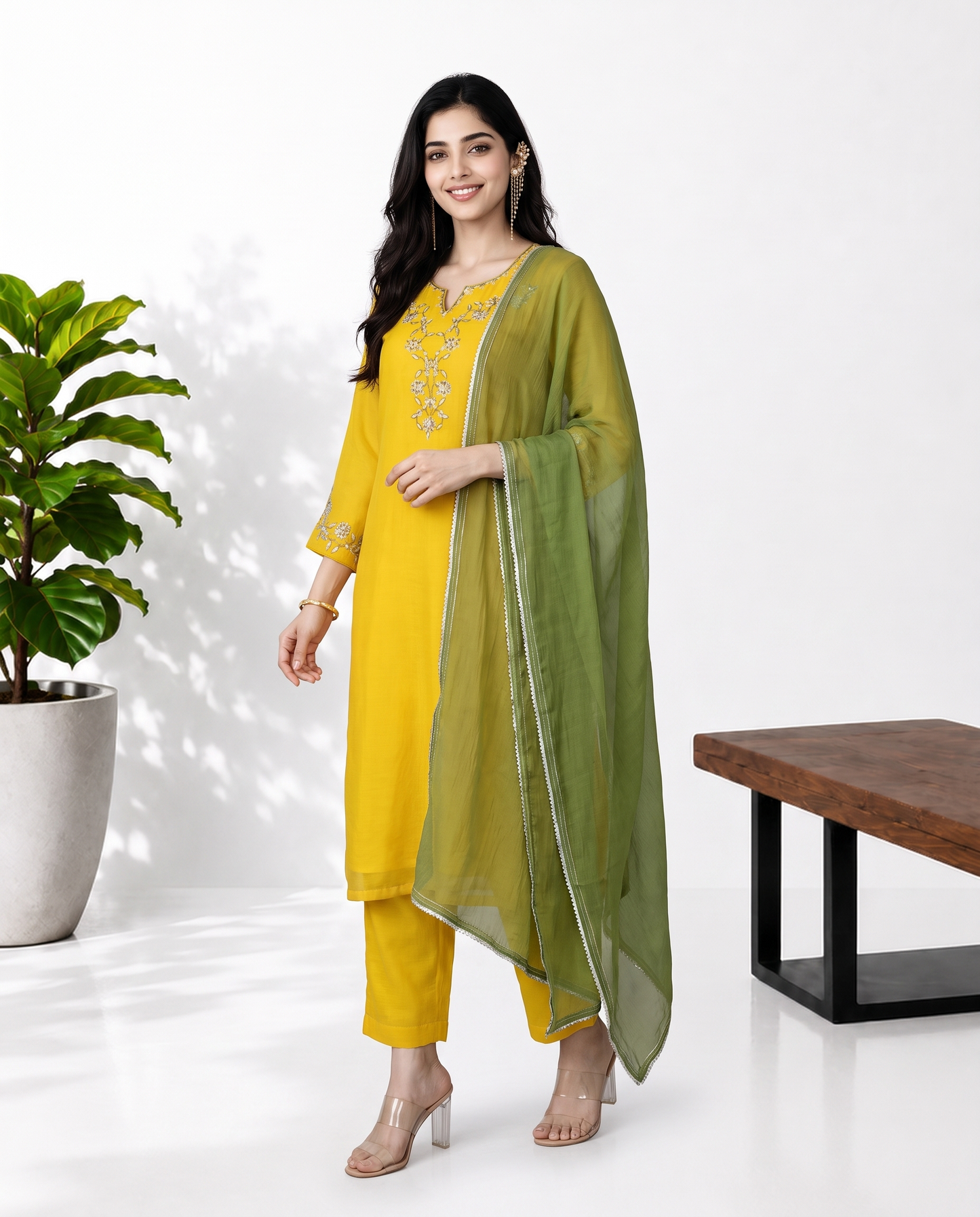 Yellow Green Mul Chanderi Suitset