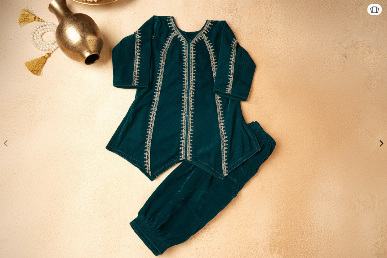 A dark blue two-piece outfit consisting of a long-sleeve tunic top and matching pants, both decorated with vertical silver metallic embroidery, laid flat on a textured beige background.