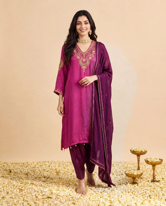 Purple Modal Satin suit with Burgundy Farshi salwar set and Burgundy Georget Dupatta