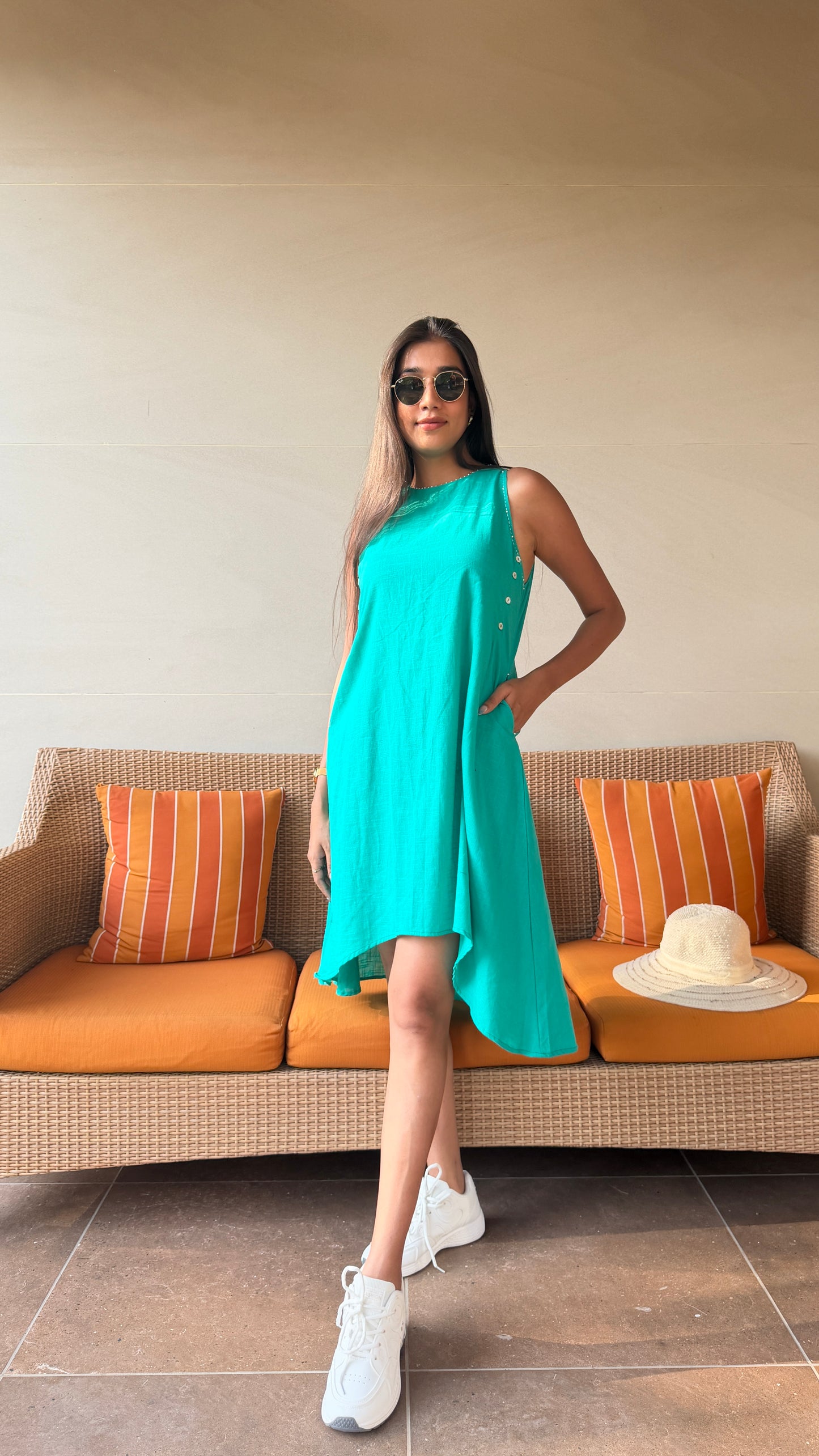 Sleeveless Cyan Dress with Pockets