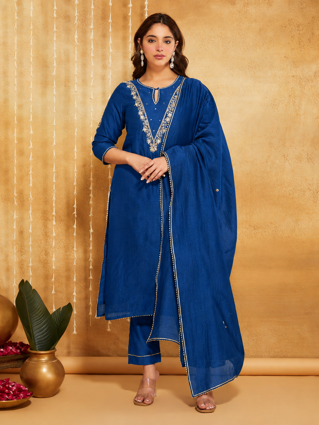 Maroon Embroidered Chanderi Silk Suit- Set of 3