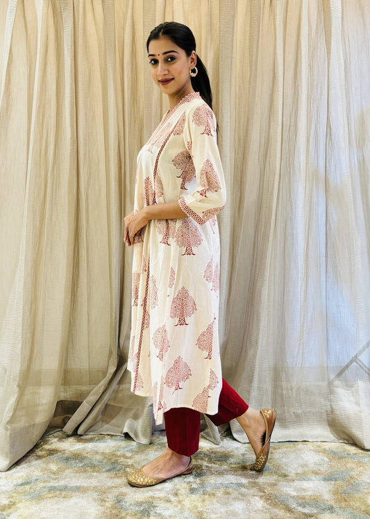 Red And White Bagh Print Hand Embroidered kurta