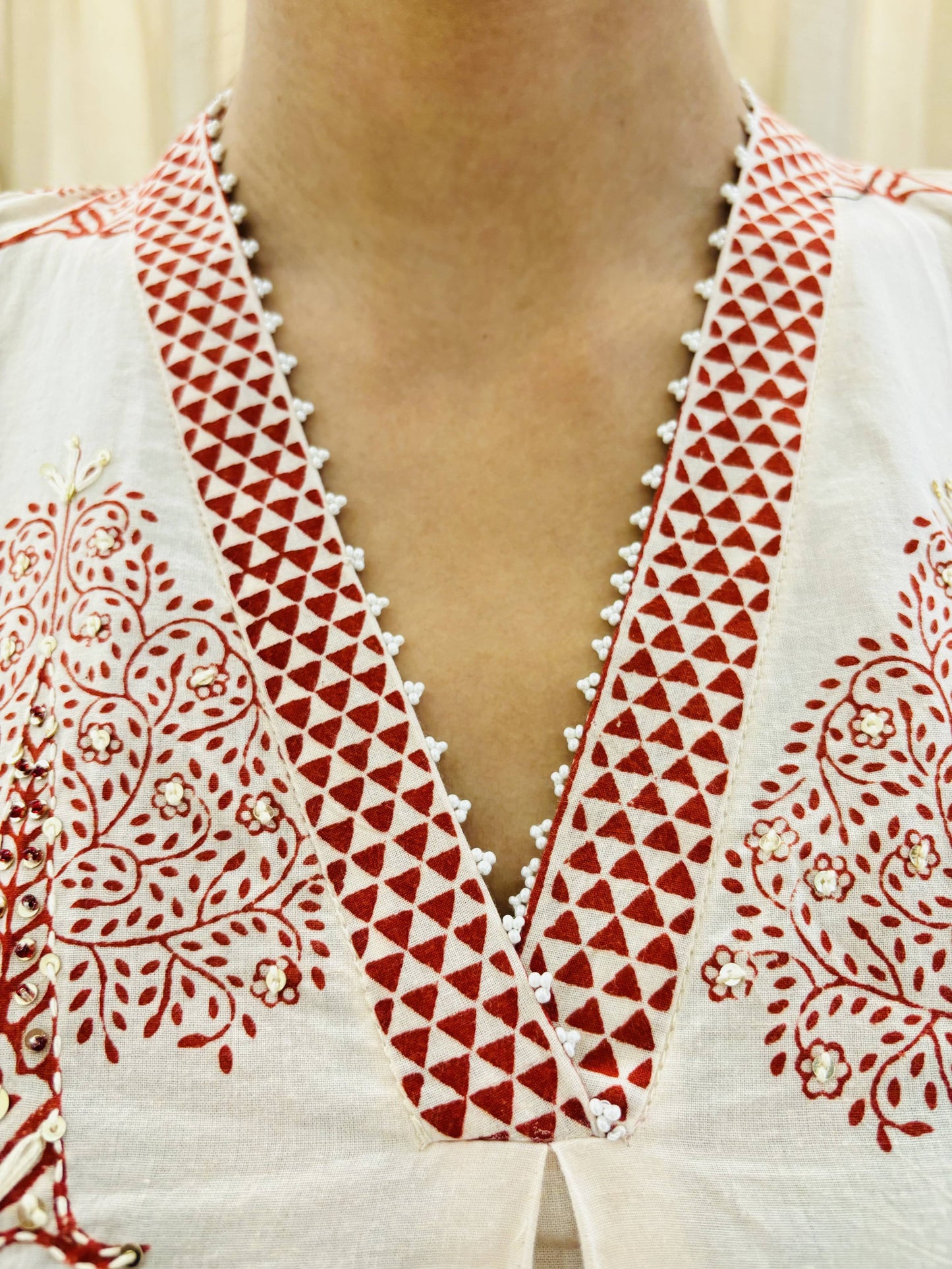 Red And White Bagh Print Hand Embroidered kurta