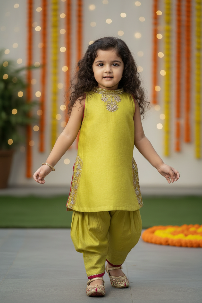 Young girl in a yellow Chanderi outfit standing in front of decorative lights and flowers.