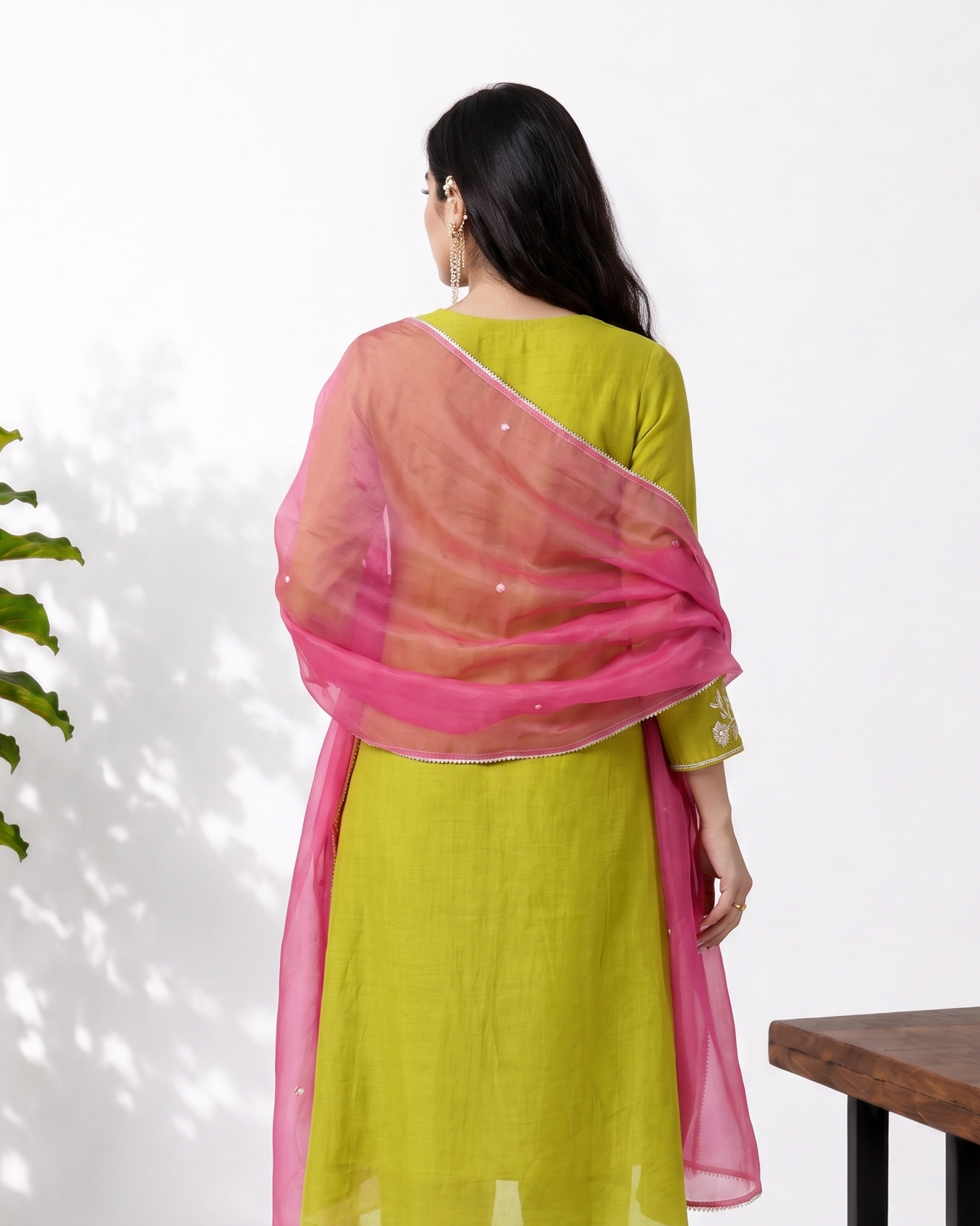 Lime Green Pink Mul Chanderi Suitset