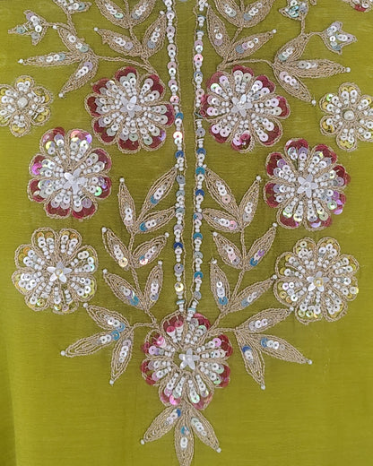 Lime Green Pink Mul Chanderi Suitset