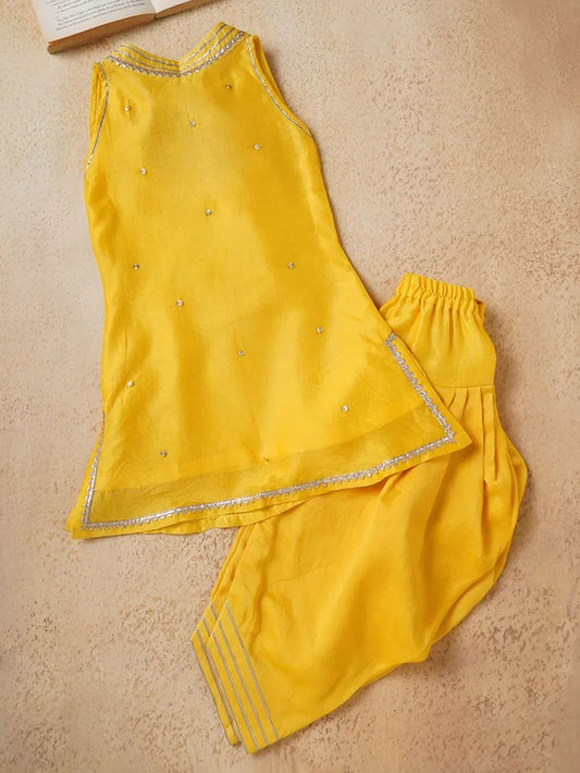 Yellow Lace Work Chanderi Kurta with Dhoti Pants- Set of 2