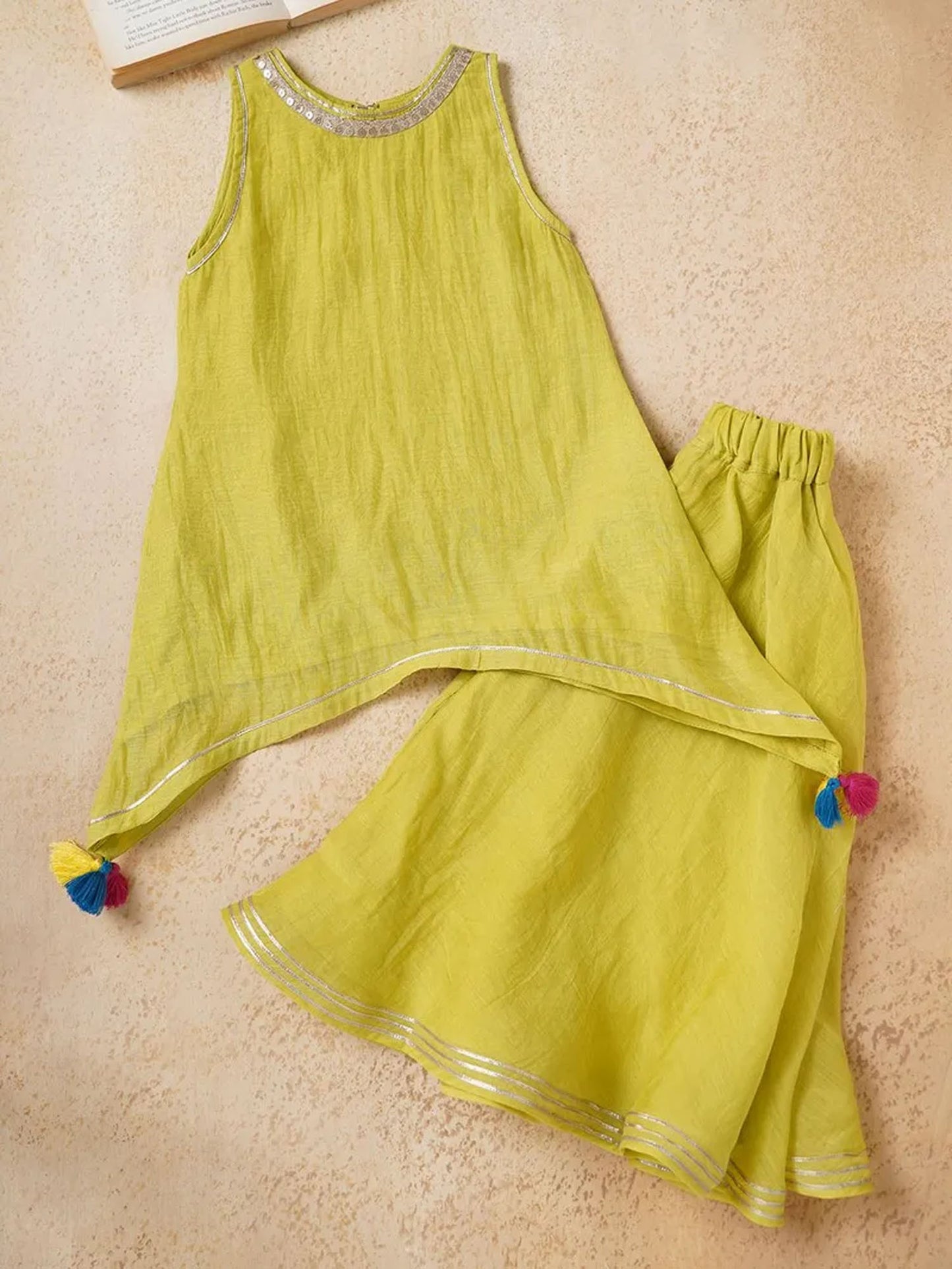 Lime Green Lace Work Chanderi Kurta with Palazzo- Set of 2