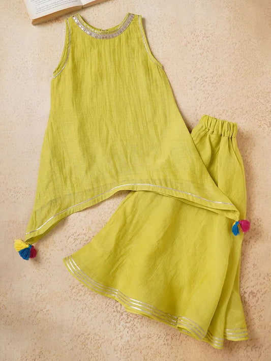 Lime Green Lace Work Chanderi Kurta with Palazzo- Set of 2