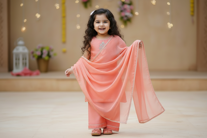 Orange Embroidered Chanderi Suit- Set of 3