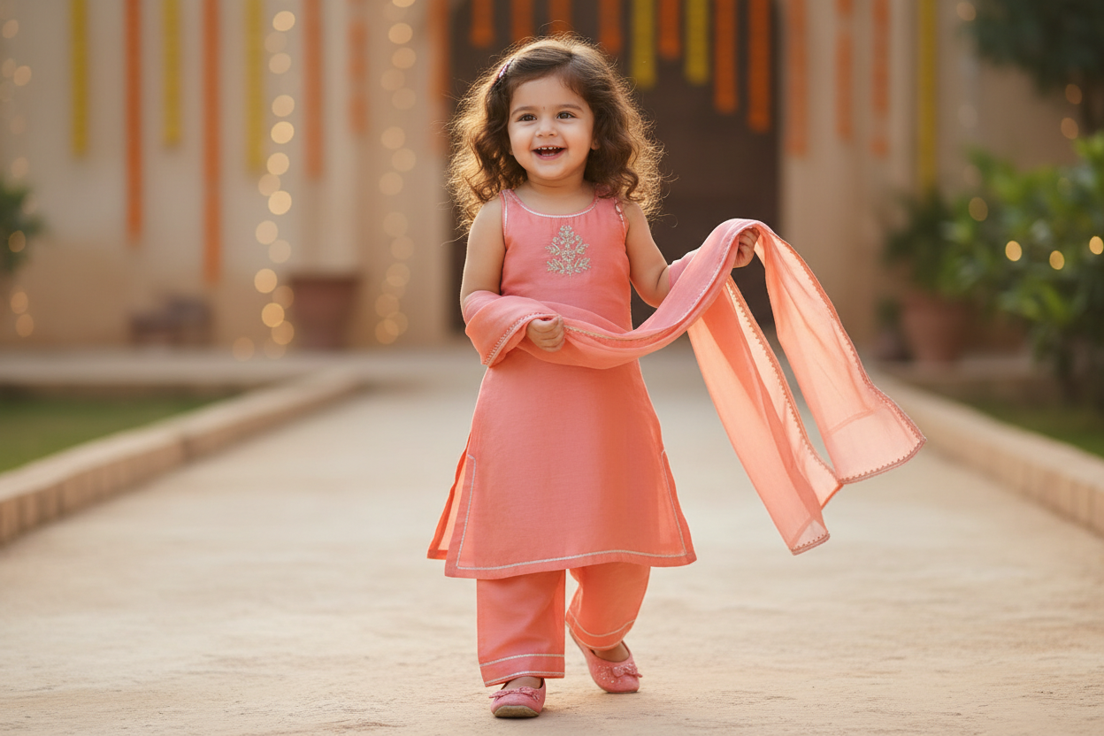 Orange Embroidered Chanderi Suit- Set of 3