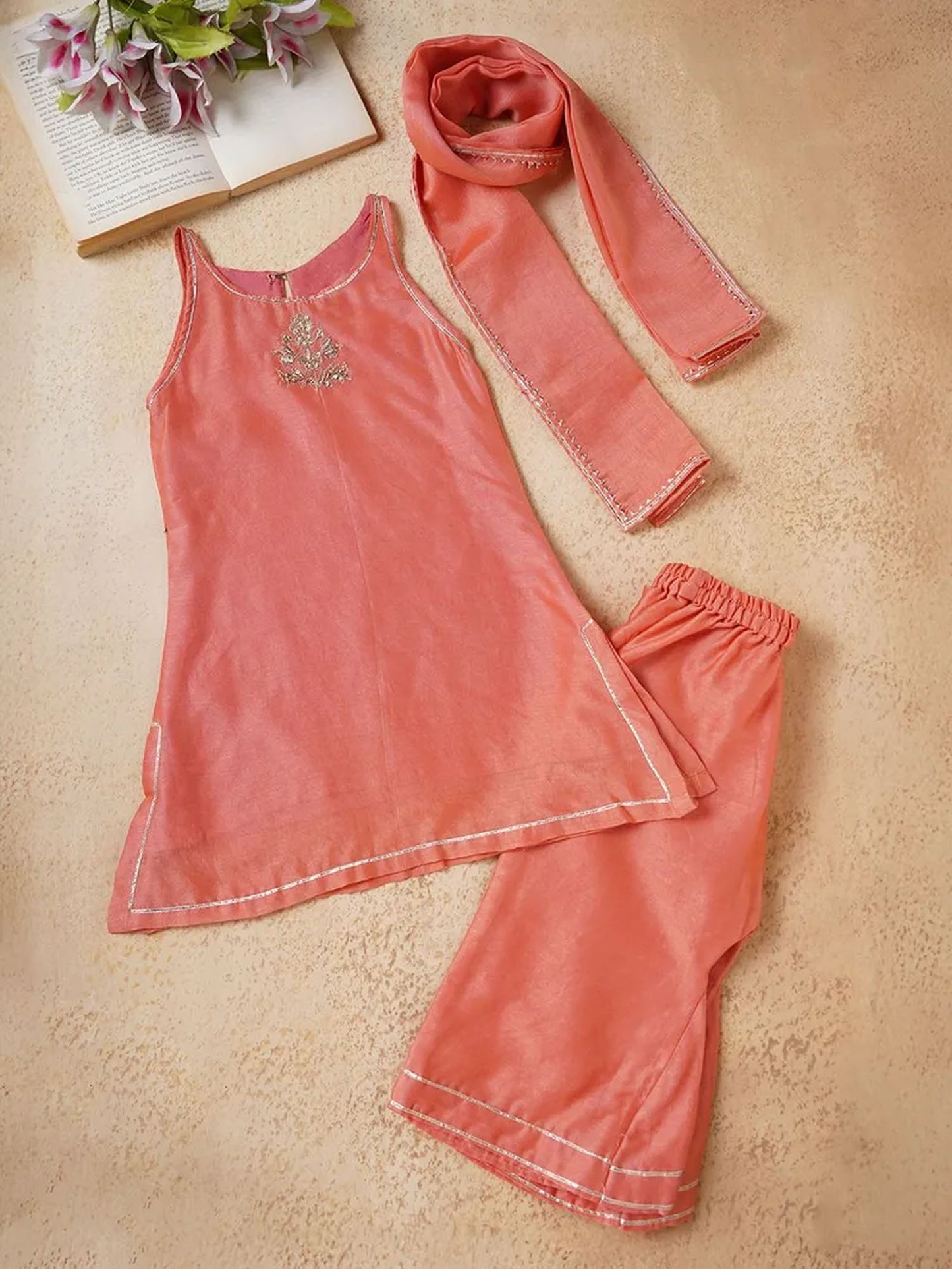 Orange Embroidered Chanderi Suit- Set of 3