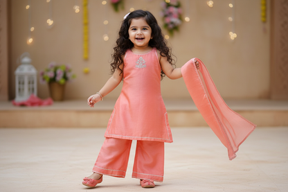 Orange Embroidered Chanderi Suit- Set of 3