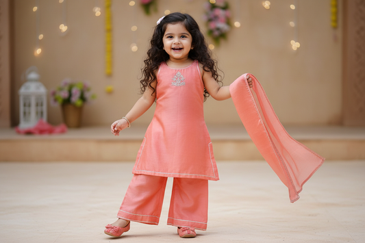 Orange Embroidered Chanderi Suit- Set of 3