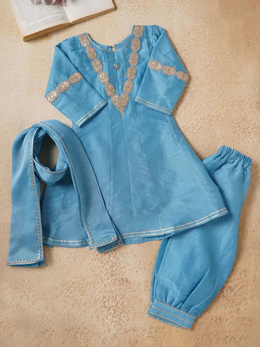 Sky Blue Lace Work Chanderi Suit- Set of 3