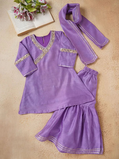 Lilac Lace Work Chanderi Sharara Suit- Set of 3