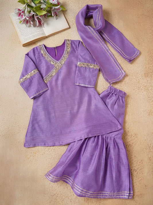 Lilac Lace Work Chanderi Sharara Suit- Set of 3