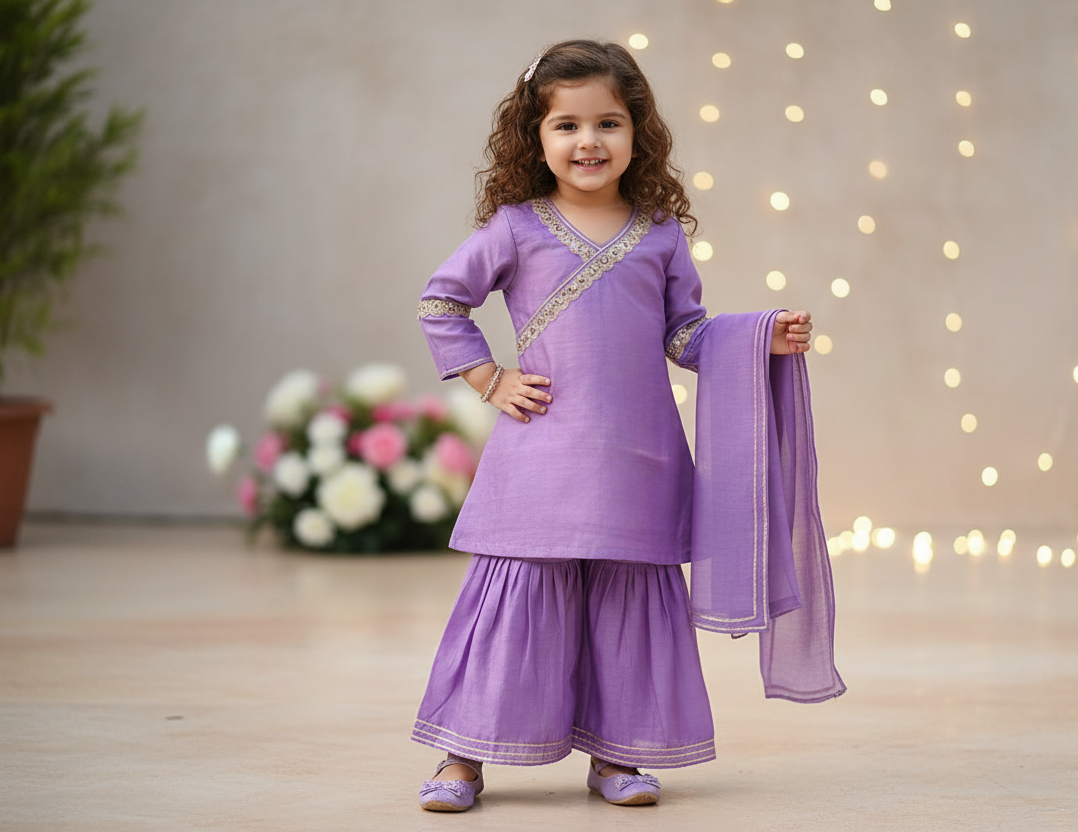 Lilac Lace Work Chanderi Sharara Suit- Set of 3