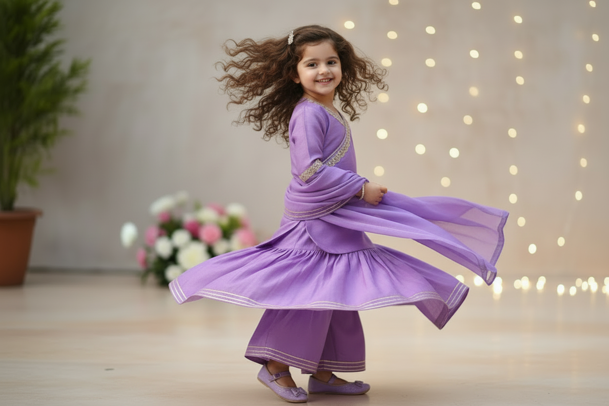 Lilac Lace Work Chanderi Sharara Suit- Set of 3