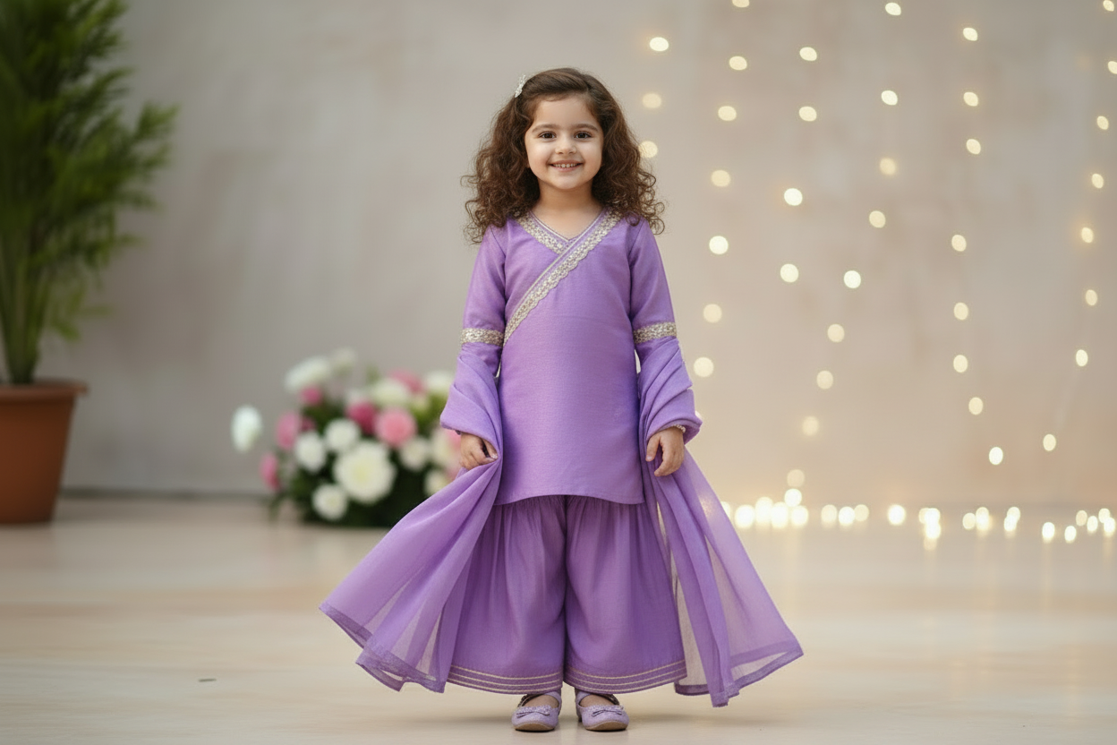 Lilac Lace Work Chanderi Sharara Suit- Set of 3