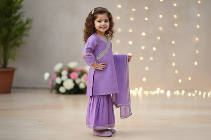 Lilac Lace Work Chanderi Sharara Suit- Set of 3