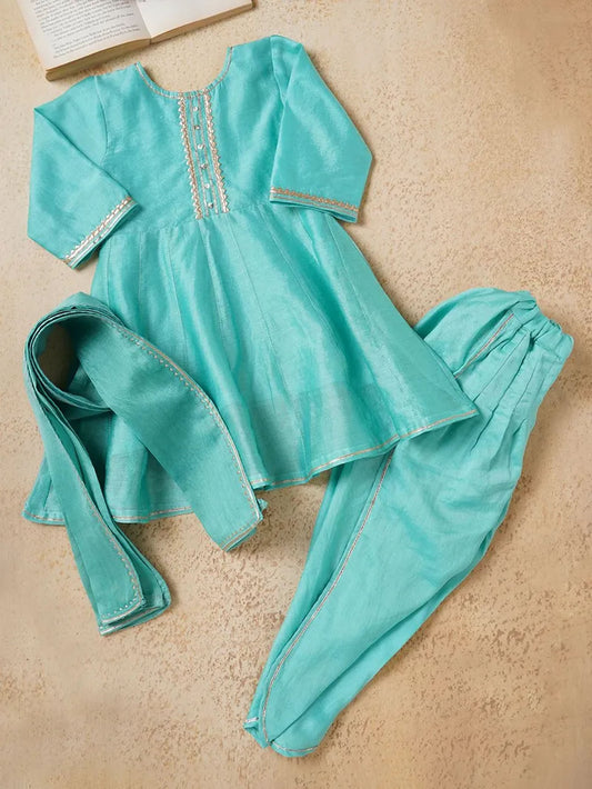 Blue Lace Work Chanderi Suit- Set of 3