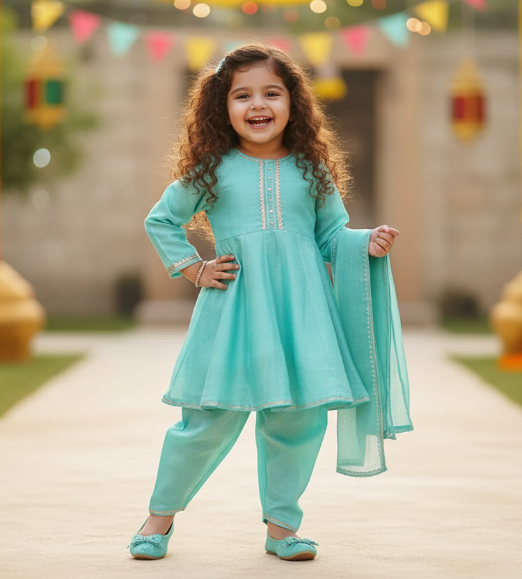 Blue Lace Work Chanderi Suit- Set of 3