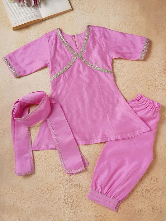 Pink Lace Work Chanderi Suit- Set of 3