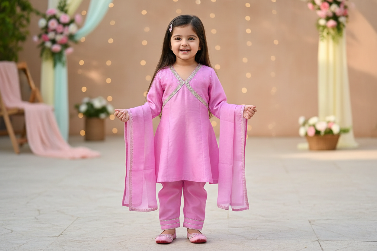 Pink Lace Work Chanderi Suit- Set of 3