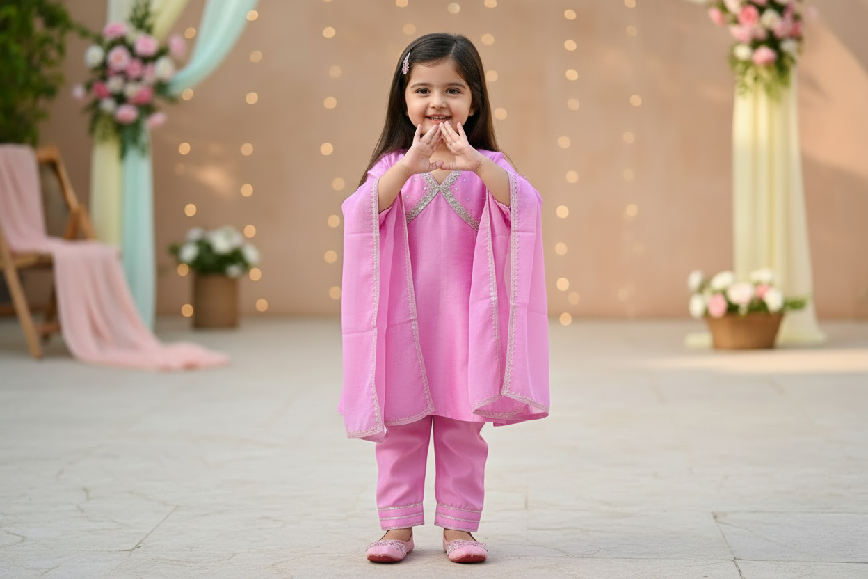 Pink Lace Work Chanderi Suit- Set of 3