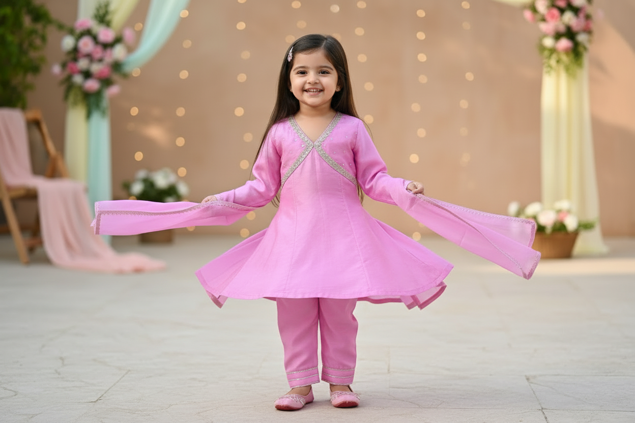 Pink Lace Work Chanderi Suit- Set of 3