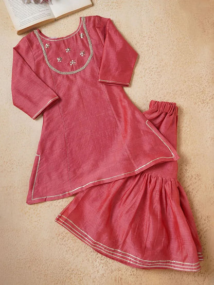 Red Embroidered Chanderi Sharara Suit- Set of 3