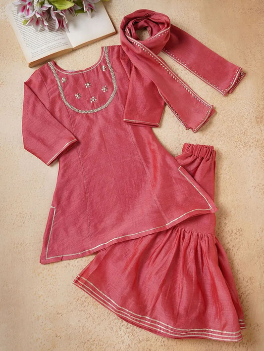 Red Embroidered Chanderi Sharara Suit- Set of 3
