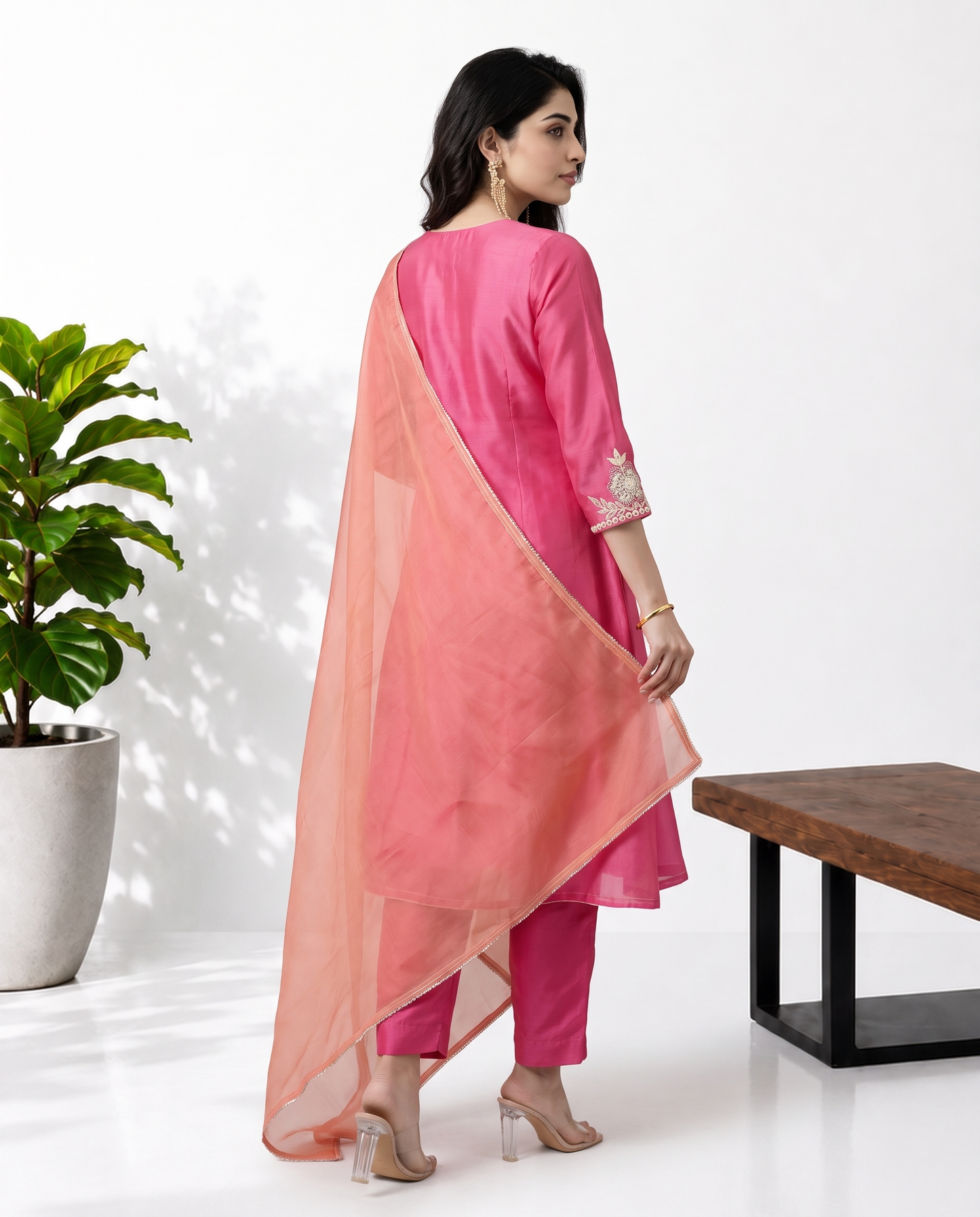 Pink Peach Mul Chanderi Suitset
